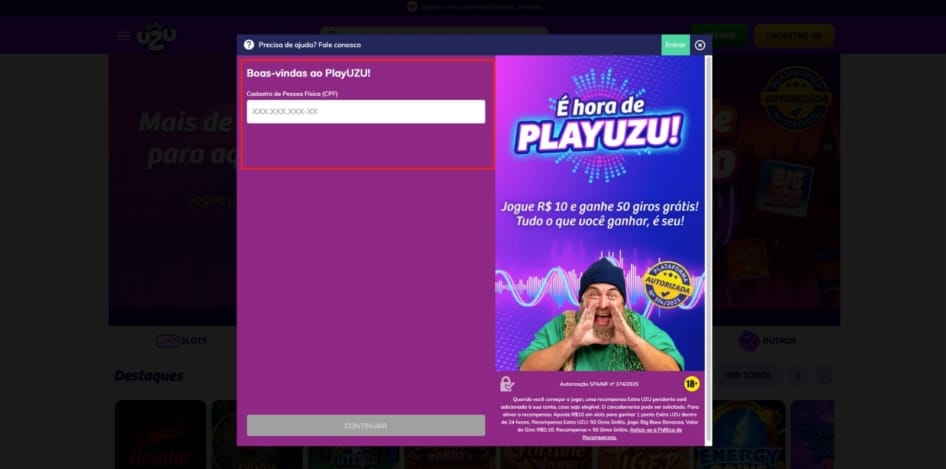 Cadastro do PlayUZU cassino Brasil