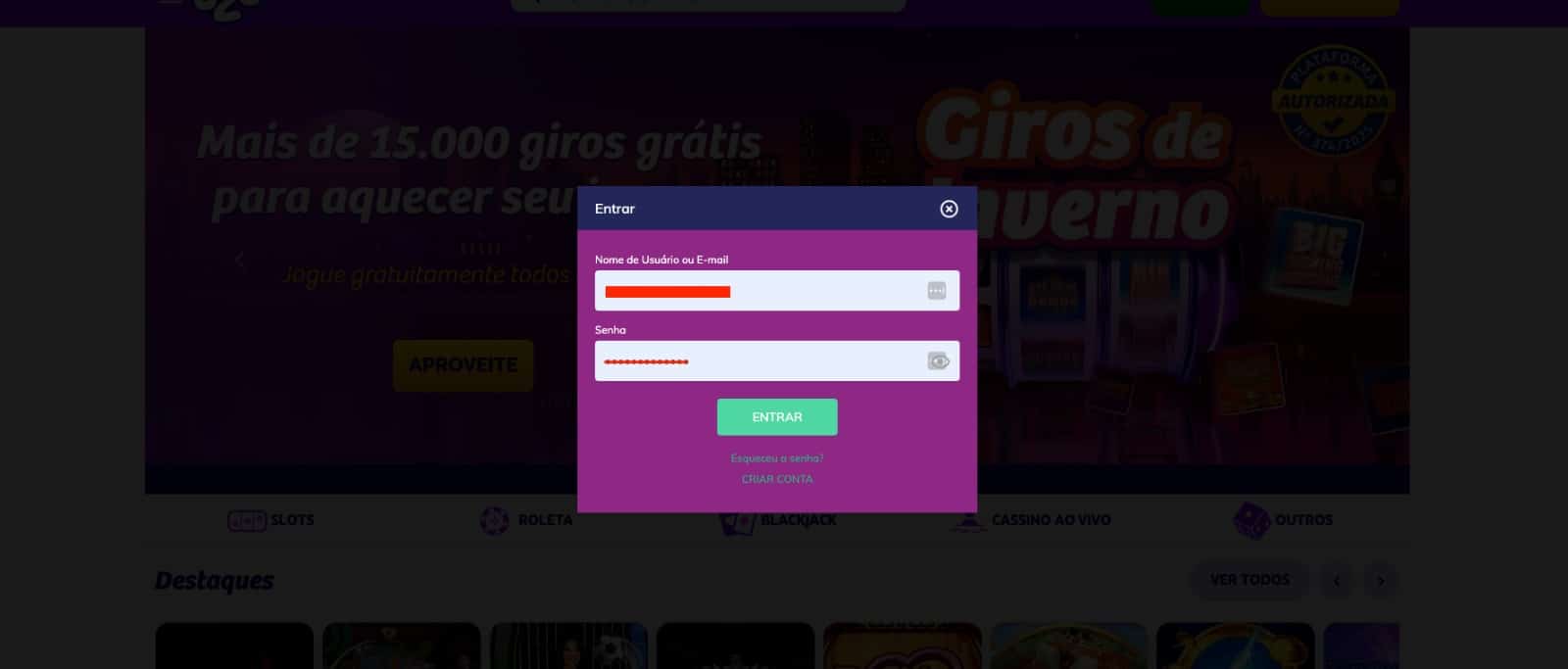 Login e acesso à conta PlayUZU Brasil na tela de entrar com e-mail/usuário e senha.