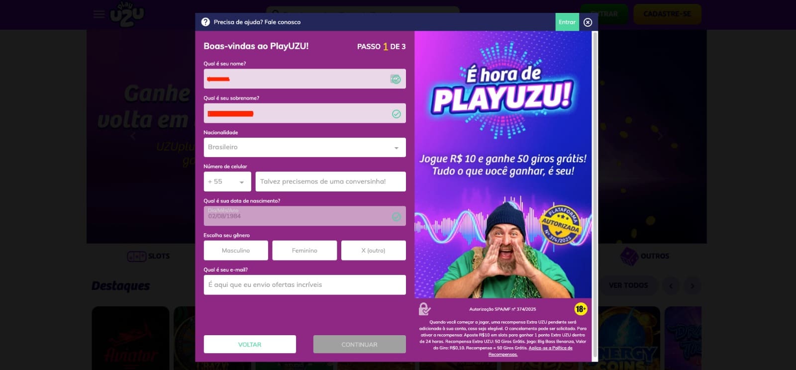 Cadastro no PlayUZU cassino