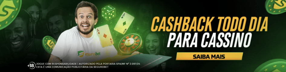 Bônus de 5% de cashback da SeguroBet, que devolve parte das perdas em jogos de cassino ao vivo selecionados.