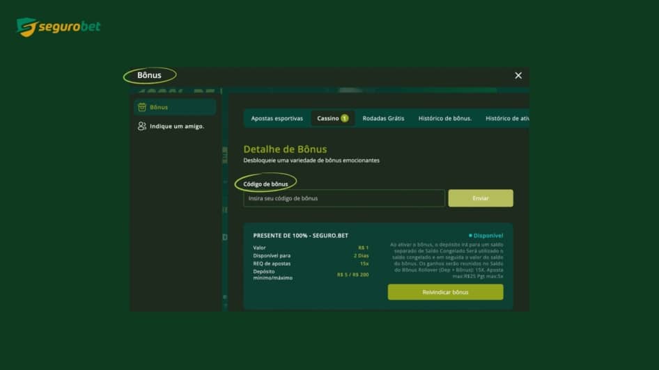 Campo para inserir o código de bônus da SeguroBet e ativar a promoção na conta de usuário.