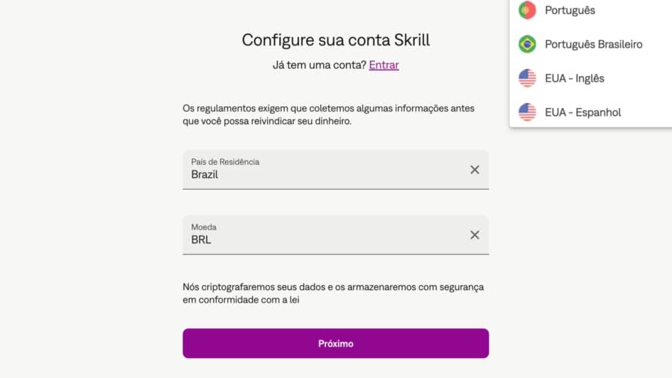 Tela da Skrill pedindo para selecionar país de residência (Brasil) e moeda (BRL).