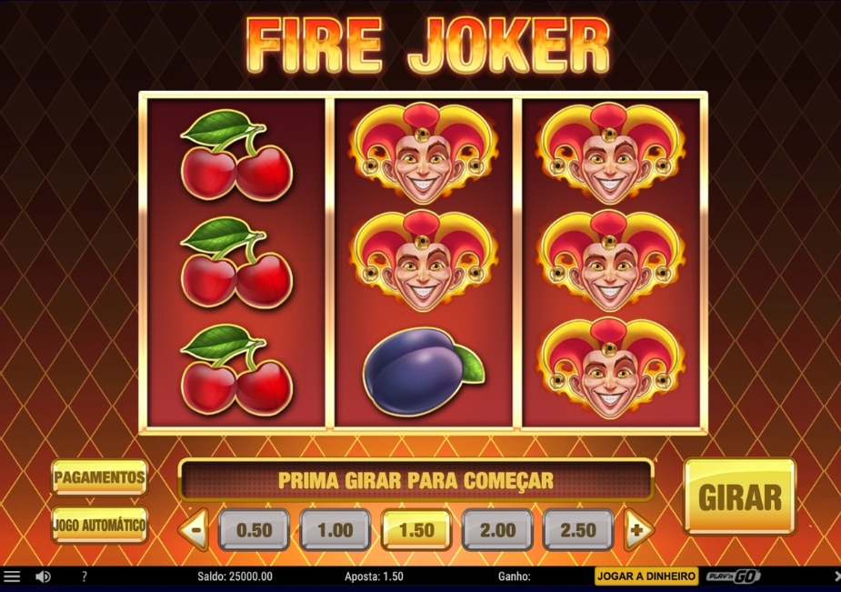 Tela do slot Fire Joker em português, com rolos 3x3, símbolos de frutas e o botão “Girar”.