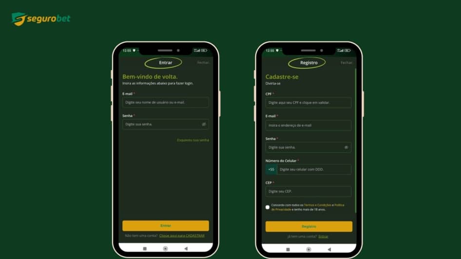 Formulário de login e registro com campos para e-mail e senha