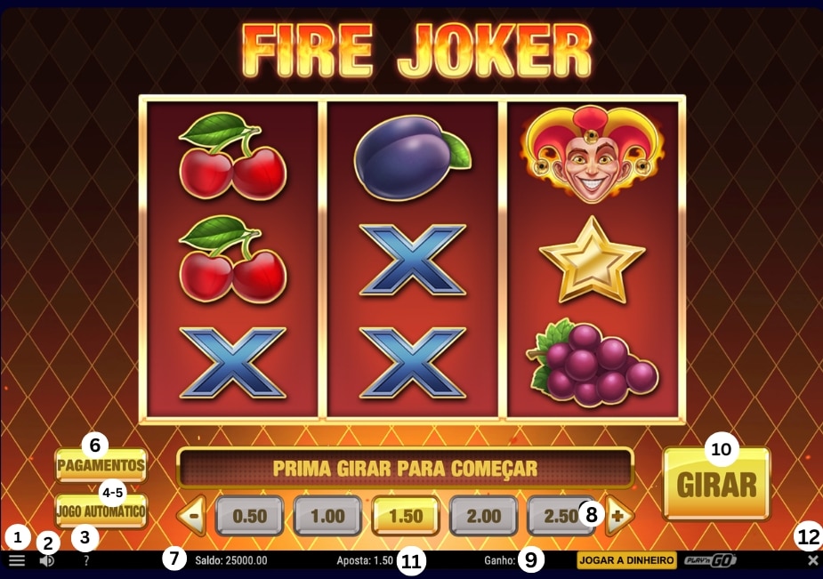 Interface do slot Fire Joker em português, com rolos 3x3 e botões numerados indicando menu, som, regras, pagamentos, aposta, ganhos e o botão Girar.