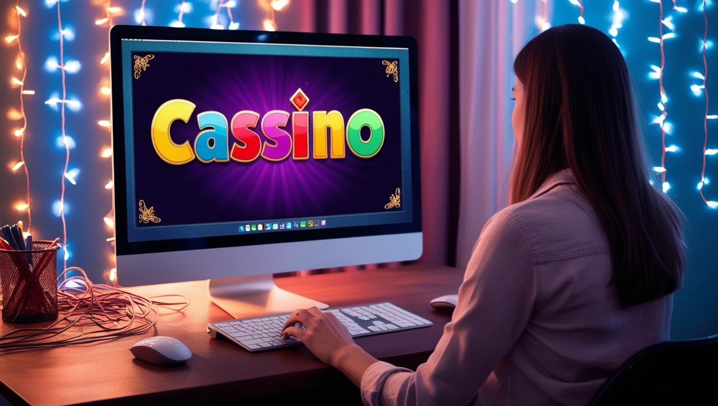Mulher jogando cassino pelo computadoe