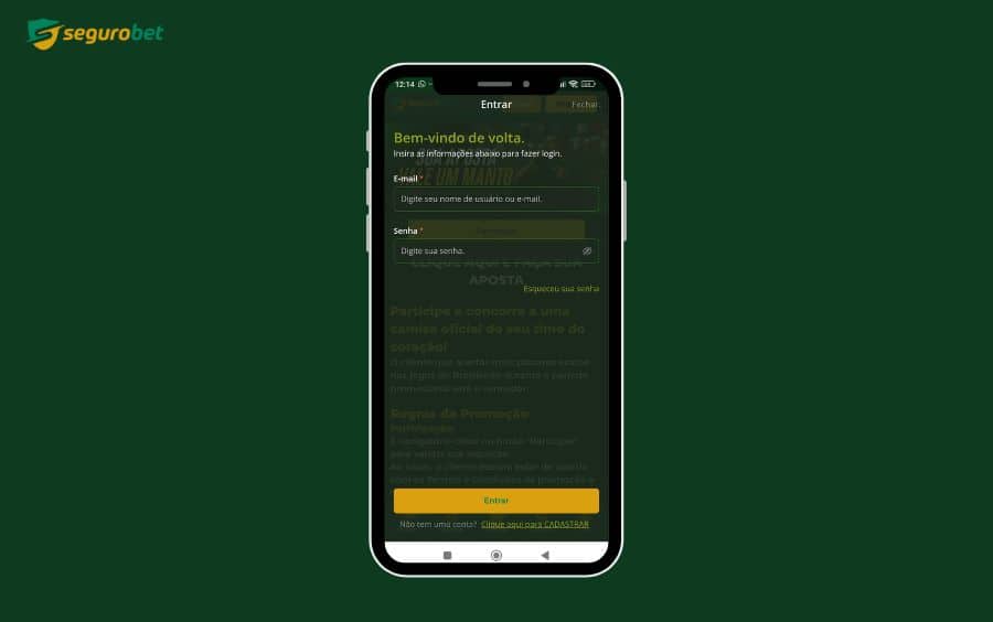 Login pelo celular android da Seguro Bet Brasil.