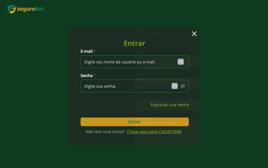 Imagem do proceso de login da Seguro Bet Brasil.