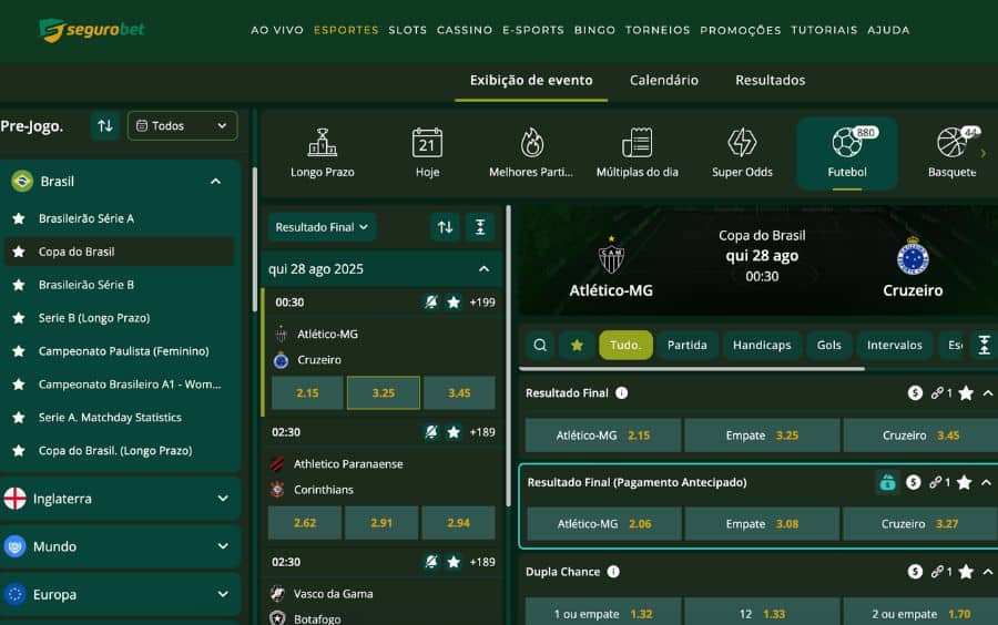 Mercados de aposta sesportivas no site Seguro Bet com as odds para um jogo da copa do brasil.