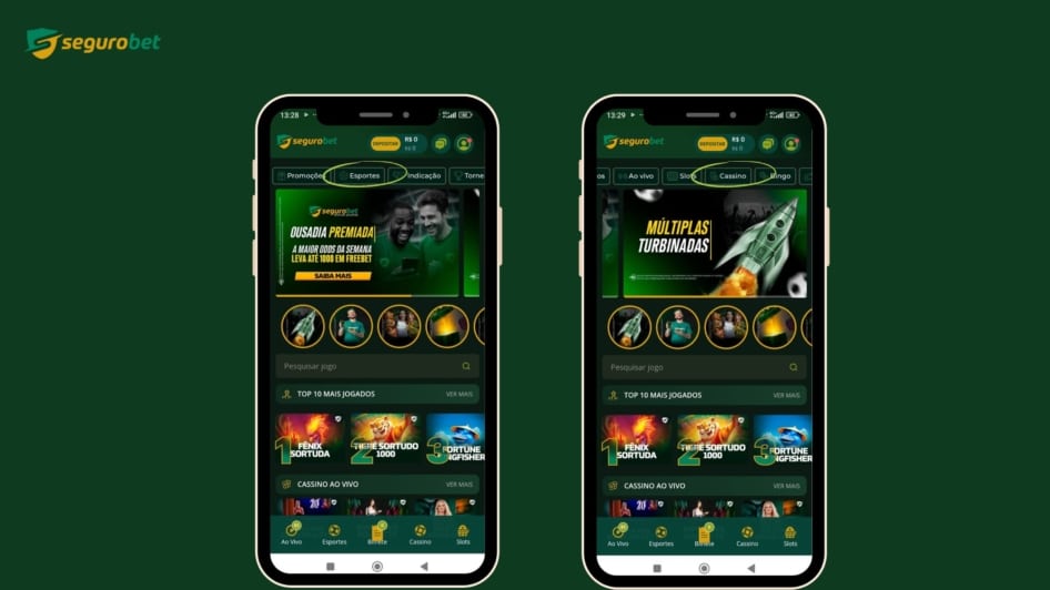 Tela com opções de apostas esportivas e jogos de cassino online disponíveis no aplicativo da SeguroBet