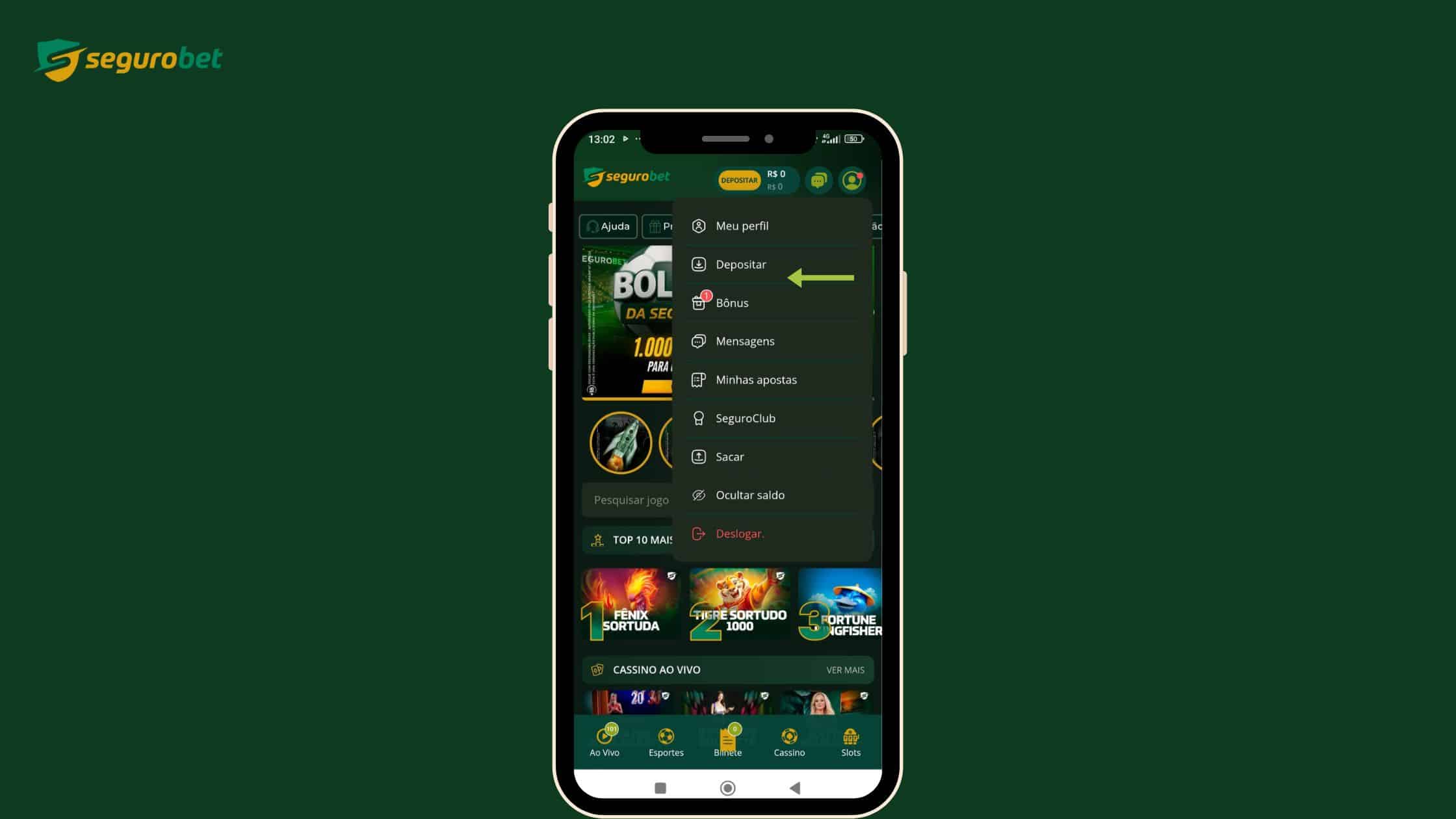 Imagem passo a passo mostrando como fazer um depósito no app da SeguroBet para apostar pelo celular.