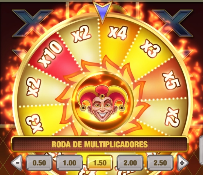 Roda de multiplicadores do Fire Joker em português, com valores de 2x a 10x e o botão “Girar” na tela.