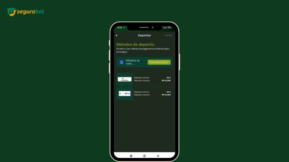 Tela de depósito via PIX no aplicativo, um passo para apostar na SeguroBet.