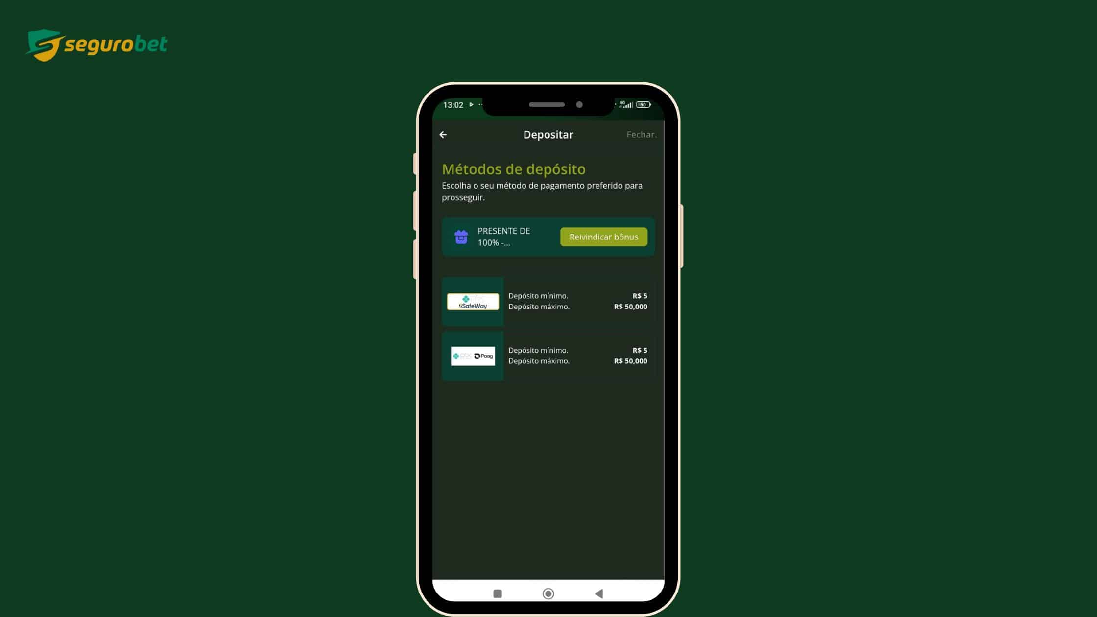 Tela de depósito via PIX no aplicativo, um passo para apostar na SeguroBet pelo celular