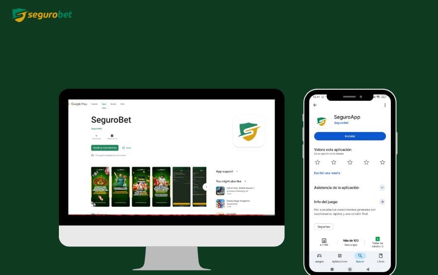 Guia de como apostar na SeguroBet pelo celular mostrando a tela de baixar app android na Play Store