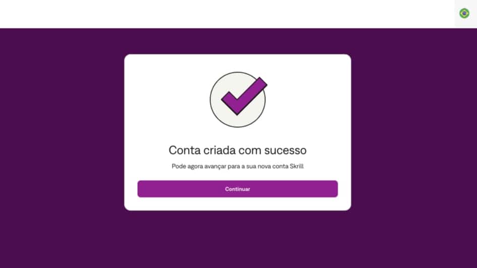 Mensagem da Skrill confirmando que a conta foi criada com sucesso.