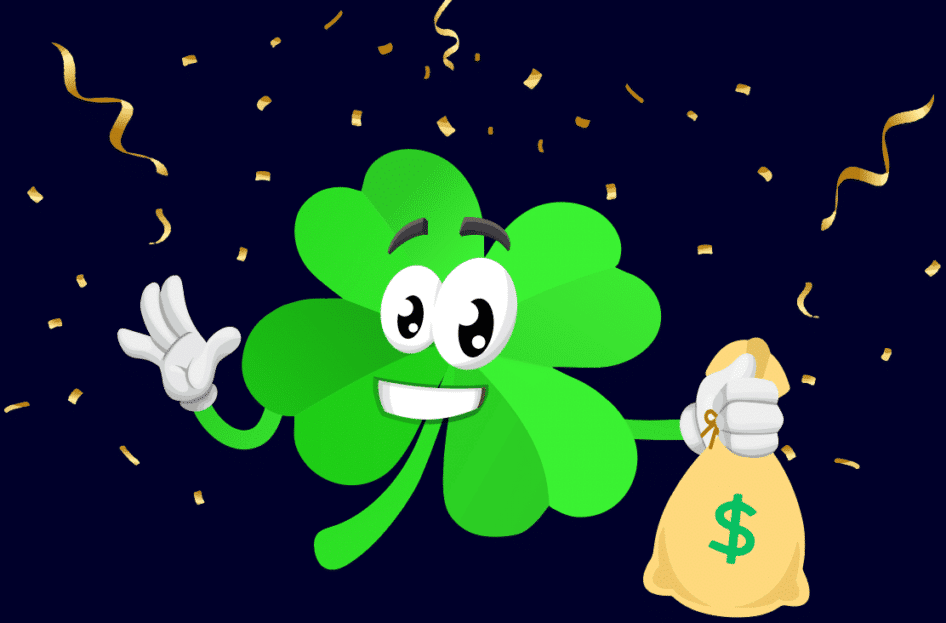 Mascote de trevo da sorte comemorando um ganho em dinheiro, ilustrando a probabilidade em bônus de cassino.