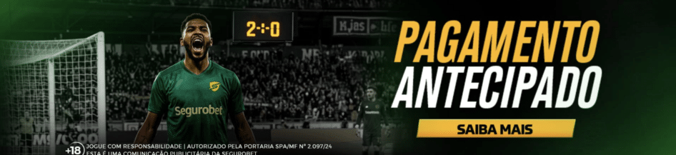Promoção Pagamento Antecipado da SeguroBet, onde a aposta em futebol é ganha se o time abrir 2 gols de vantagem.