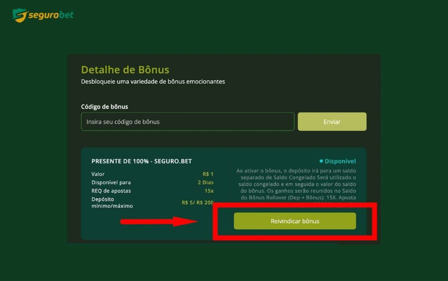 imagem de como reivindicar bonus de boas vindas da Seguro Bet Brasil.