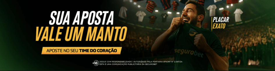 Promoção da SeguroBet para ganhar uma camisa oficial de time acertando o placar exato de jogos do Brasileirão.