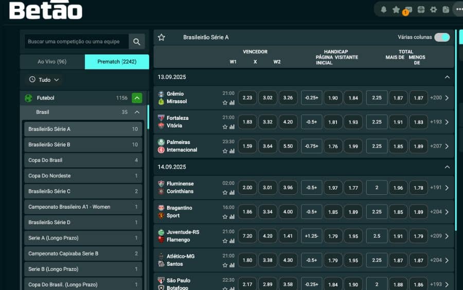 Captura de tela da seção de apostas esportivas da Betão Bet, com foco na categoria 'Futebol' e na subcategoria 'Brasil', exibindo uma lista de jogos do Brasileirão Série A.