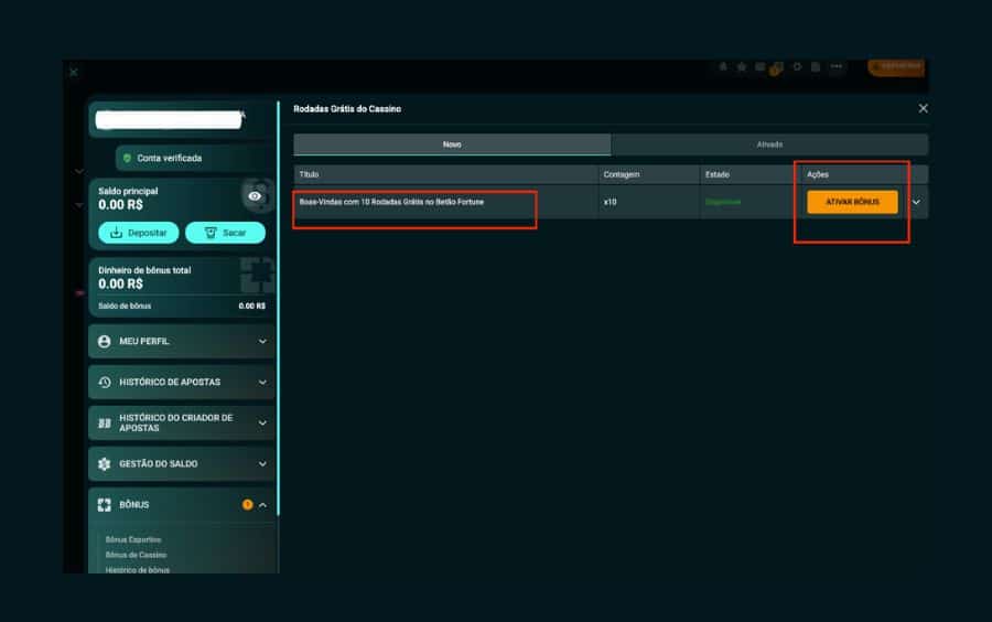 Captura de tela mostrando o bônus de rodadas grátis com botão de ativar agora para ativar a promoção no Betão bet