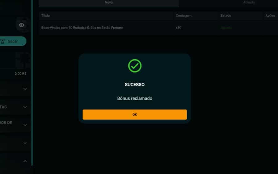 Captura de tela mostrando o bônus de rodadas grátis com o status 'bônus reclamado' e a data de expiração.