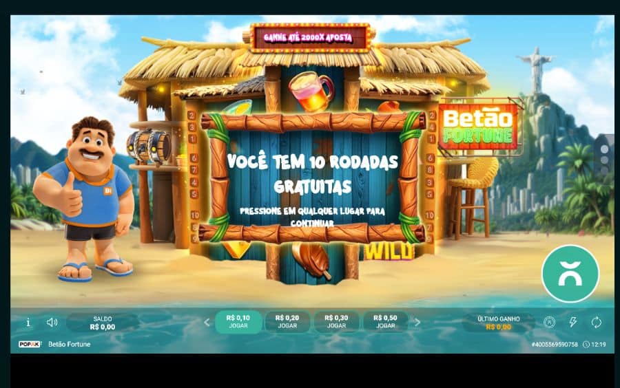 Captura de tela do jogo Betão Fortune com uma janela pop-up informando 'Você tem 10 rodadas gratuitas