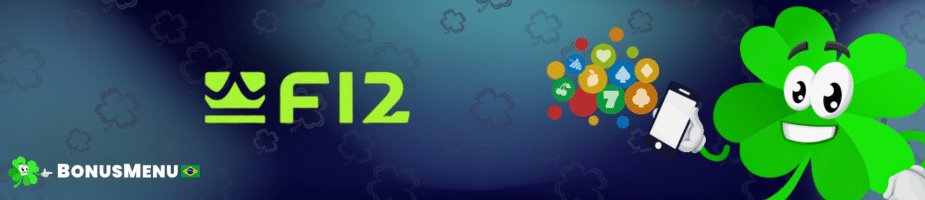 Ilustração para o guia do f12bet app, com o mascote da F12.bet segurando um smartphone que exibe a variedade de jogos de cassino e apostas disponíveis no celular.