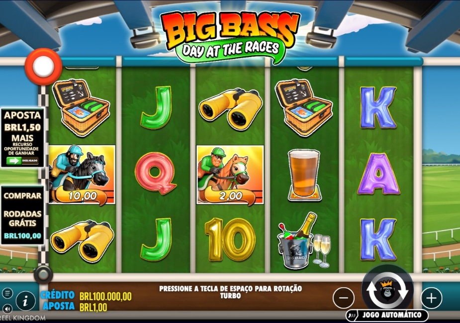 Interface do caça-níquel Big Bass Day at the Races com 5 rolos, símbolos de pesca, corrida e apostas exibidas na tela.