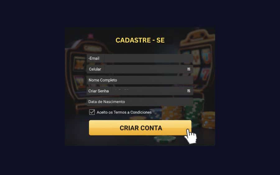 Formulário de cadastro em um cassino online, mostrando campos para preencher informações pessoais como e-mail e nome completo.