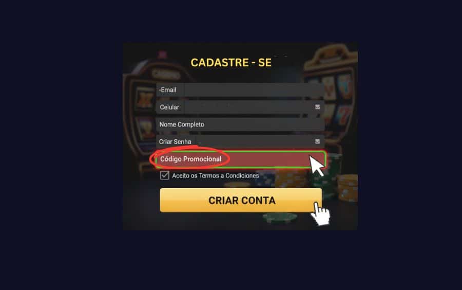 Campo para inserir o código promocional destacado em vermelho em um formulário de cadastro de cassino online.