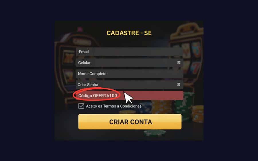 Exemplo de um código de bônus sendo inserido no campo de código promocional durante o registro no cassino.