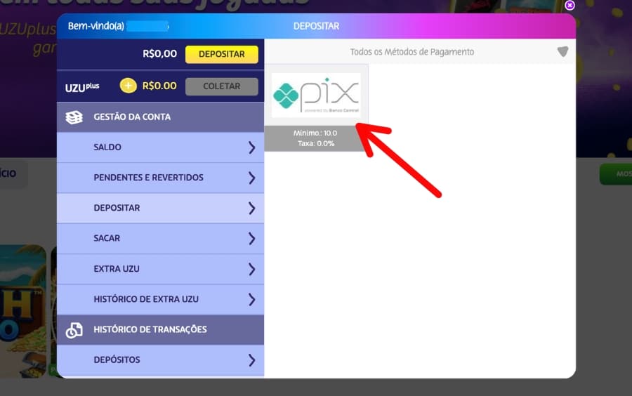 Tela do Caixa do PlayUZU com Pix selecionado para fazer depósito e adicionar saldo na conta