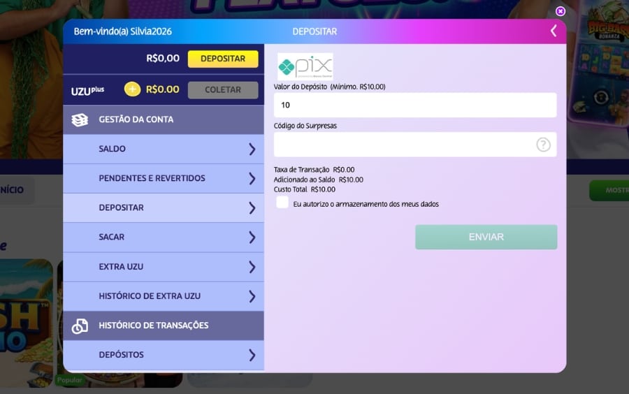 Depósito Playuzu para ativar a promoção Surpresa da UZU