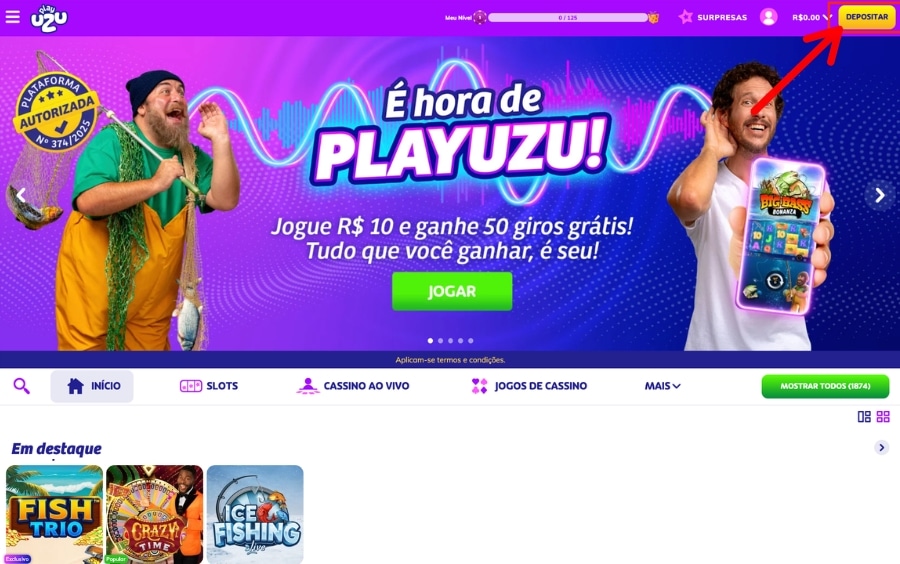 Tela do PlayUZU com botão Depositar destacado para abrir o Caixa e adicionar saldo via Pix
