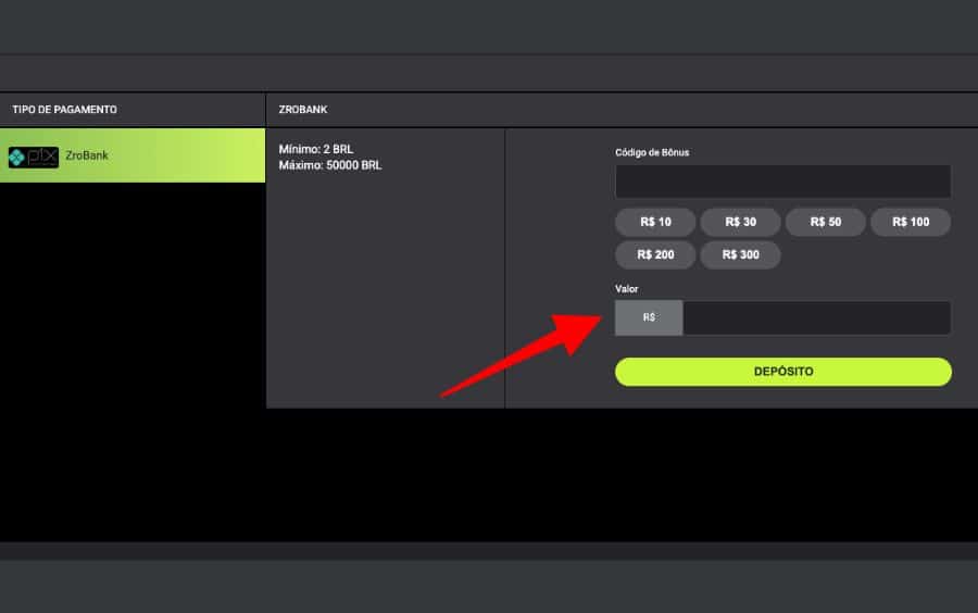 Tela de depósito da F12.bet, mostrando as opções de valor, o campo de código de bônus e o método de pagamento Pix.