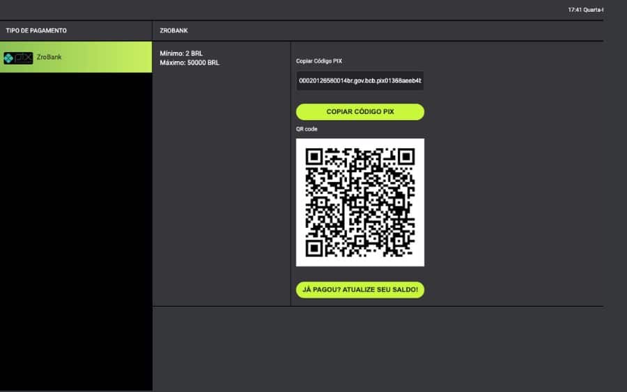 Tela final do depósito na F12.bet, exibindo o QR Code para pagamento via Pix e a opção de "copia e cola".