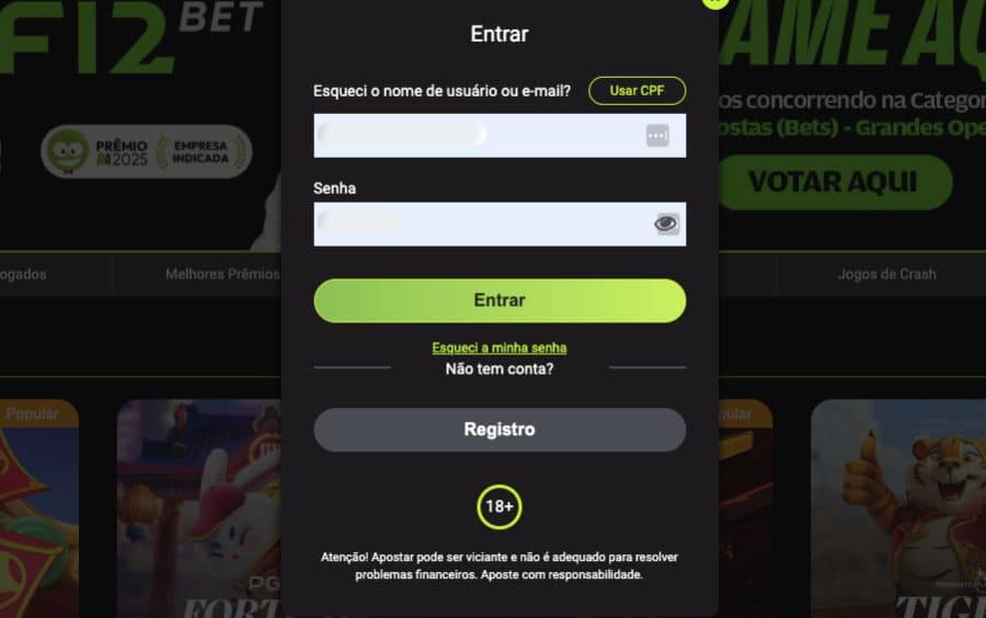 Janela de login da F12.bet com campos para e-mail e senha, parte da Análise Completa da F12.