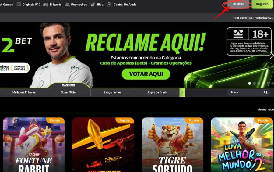 Botão "ENTRAR" destacado na página inicial da F12.bet, um detalhe da nossa Análise Completa da F12.