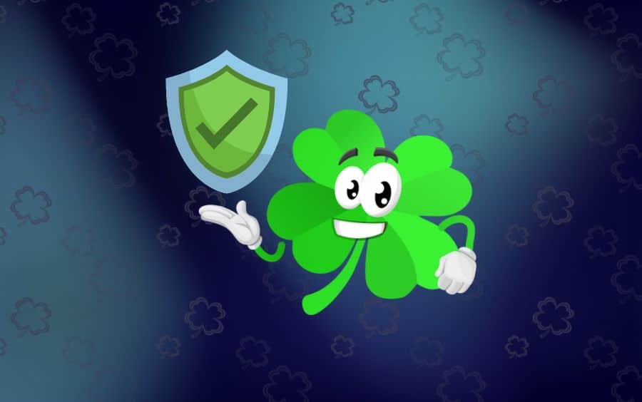 Ilustração que responde se a Luva Bet é confiável: um mascote de trevo da sorte com um escudo de proteção e segurança, simbolizando um ambiente de apostas seguro.