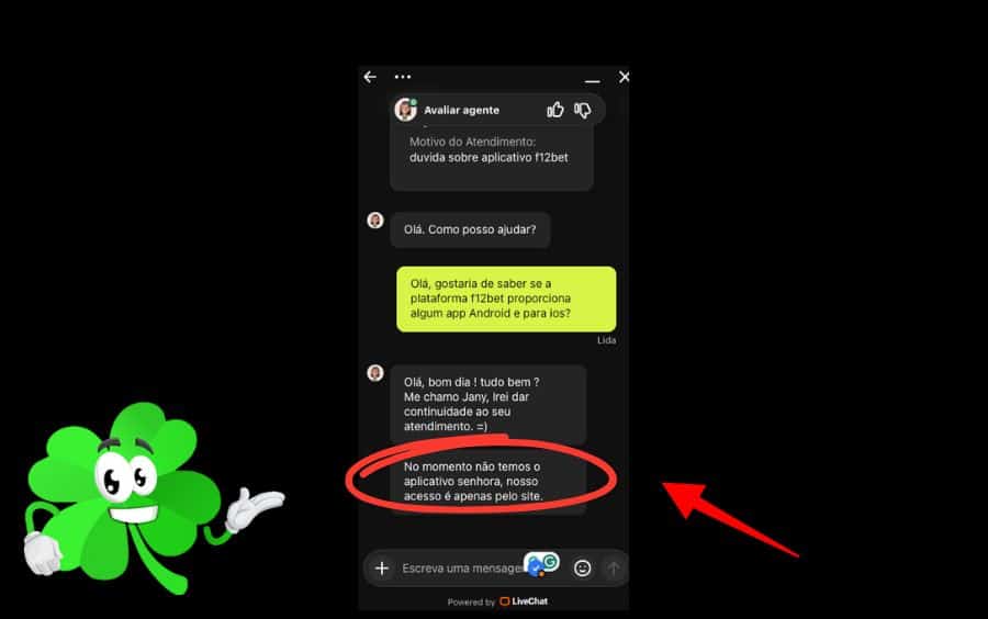 Captura de tela de uma conversa com o suporte da F12.bet, em que um atendente confirma diretamente que não existe um aplicativo móvel e que o acesso é apenas pelo site.