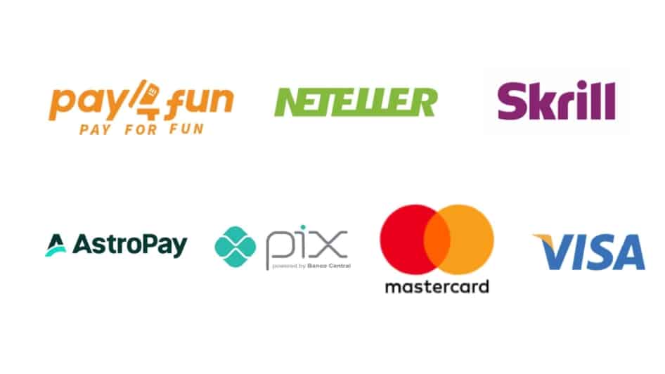 Logos dos principais métodos de pagamento em cassinos online no Brasil, incluindo Pix, Cartão de Débito, Neteller, Skrill e AstroPay.