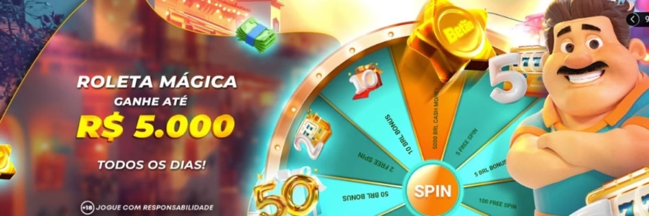 Banner da promoção Roleta Mágica da Betão Bet, convidando o jogador a girar a roleta diariamente para ganhar prêmios de até R$ 5.000, bônus e rodadas grátis.