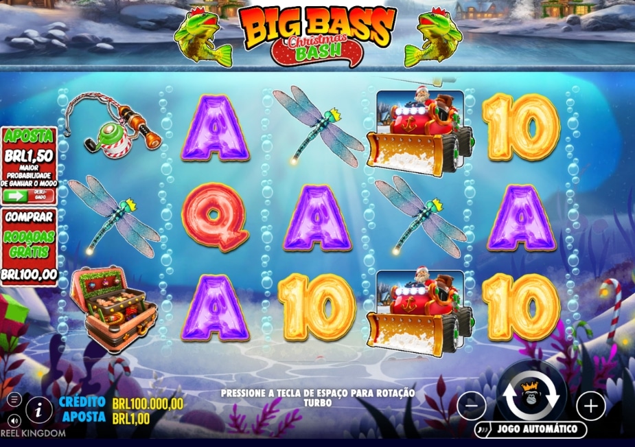 Tela do slot Big Bass Christmas BashTM com símbolos natalinos, como vara de pesca, libélulas, baú do tesouro, letras, número 10 e recurso de rodadas grátis.