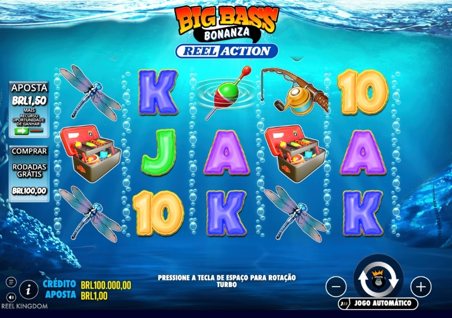 Tela do caça-níquel Big Bass Bonanza – Reel Action, da Pragmatic Play, com tema de pesca subaquática, símbolos como vara, boia, caixa de pesca, libélula e letras coloridas.
