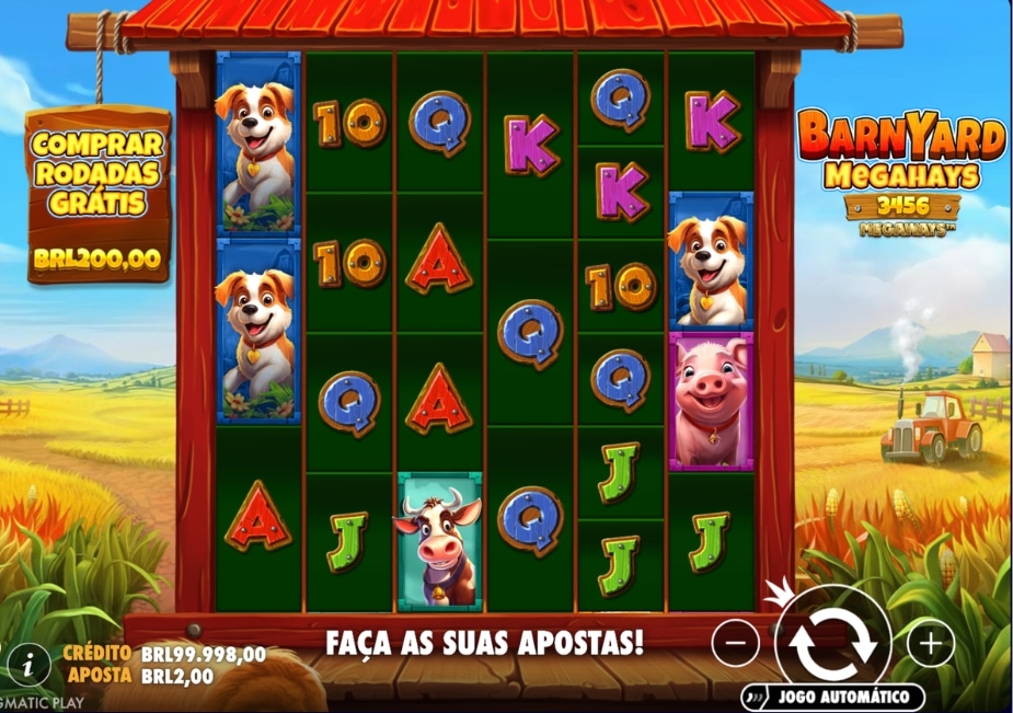 Tela do slot Barnyard Megaways com tema de fazenda, símbolos de animais e sistema Megaways em funcionamento