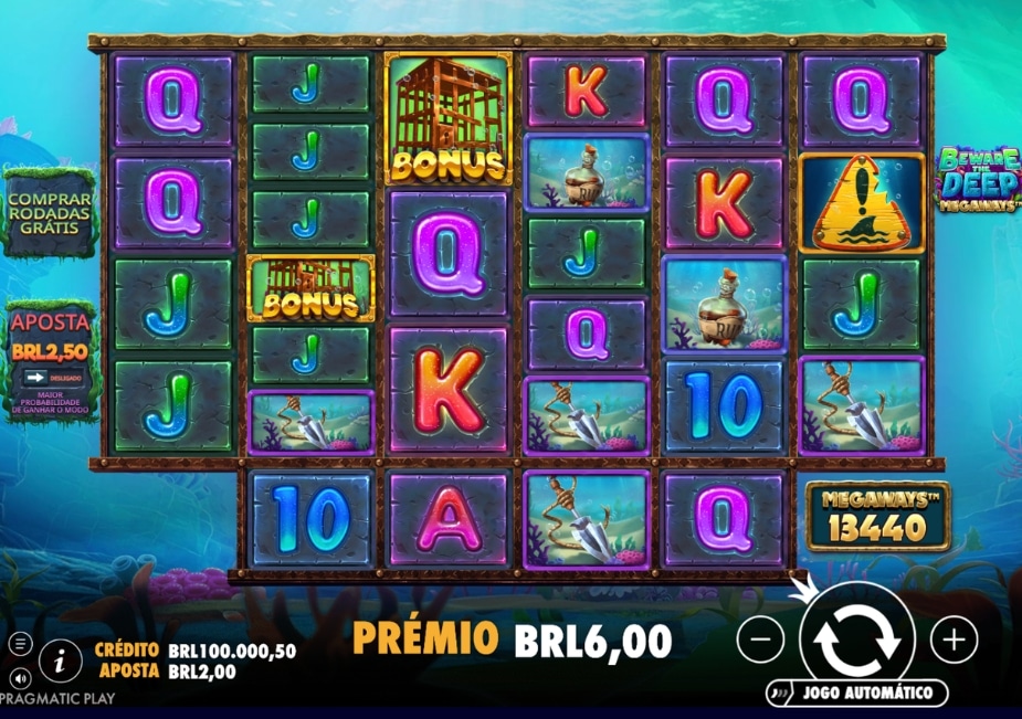 Tela do slot Beware The Deep Megaways com símbolos marinhos, prêmio de BRL 6,00 e recurso Megaways ativo