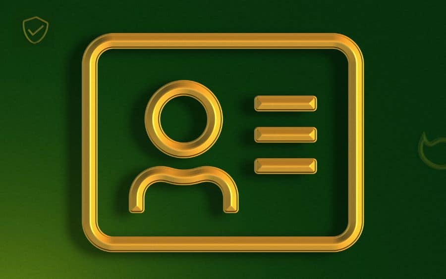 Ícone estilizado de um cartão de identificação dourado, com um escudo de segurança ao fundo, simbolizando o processo de verificação de conta (KYC).