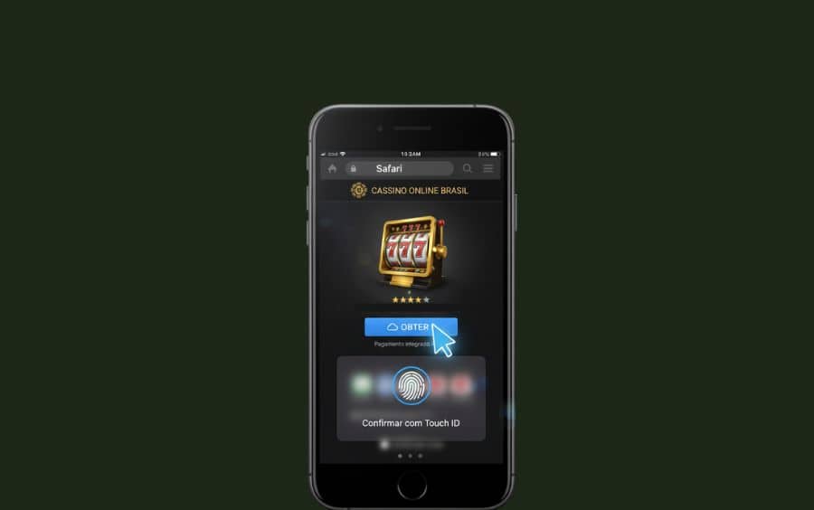 Celular de frente mostrando a App Store com a página do aplicativo 'Cassino Online Brasil'. Um cursor de seta azul aponta para o botão 'Obter' e uma janela pop-up pede 'Confirmar com Touch ID.